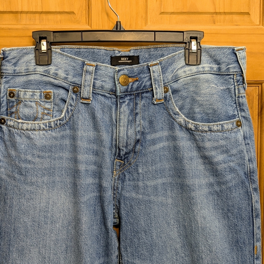 True Religion Mens Jeans Blue 35x32 Ricky Relaxed Straight Distressed  Grunge - Picture 6 of 11